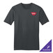 A charcoal District t-shirt with a white and red logo on it.