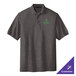A Port Authority charcoal heather gray polo shirt with a green logo.