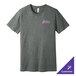 A grey Bella + Canvas t-shirt with purple text.