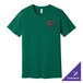 A heather grass green Bella Canvas t-shirt with a red logo.