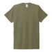 A close-up of an olive green AllMade t-shirt with a white label.