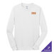 A white Port & Company long sleeve T-shirt with orange and white letters.