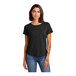 A woman wearing a black AllMade tri-blend tee shirt with a scoop neck.