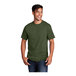 A man wearing a Port & Company olive green heather short sleeve t-shirt.