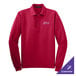 A red Port Authority long sleeve polo shirt with a school logo.