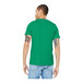 A man wearing a Bella + Canvas heather kelly green short sleeve t-shirt.