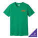 A heather kelly green Bella + Canvas t-shirt with orange and white text.