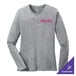 A Port & Company women's long sleeve grey shirt with pink writing that says "Dave's"