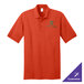 An orange Port & Company polo shirt with a green logo.