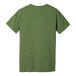 A close-up of the back of a heather green Bella + Canvas T-shirt with a white logo.