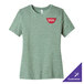 A Bella + Canvas heather prism dusty blue t-shirt with a logo on it.