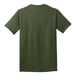 The back of a Port & Company olive drab green heather t-shirt with a white logo.