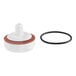 A white and brown plastic container with a white and red rubber seal, a black rubber ring, and an o-ring inside.