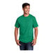 A man wearing a green Port & Company short sleeve T-shirt.