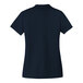The back view of a women's navy blue Port Authority polo shirt.