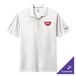 A white Nike Dri-FIT polo shirt with a logo on it.