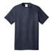 A Port & Company Heather Navy t-shirt with a white label.