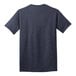 The back of a medium navy Port & Company t-shirt with a white logo.