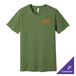A heather green Bella Canvas t-shirt with orange and white text that says "t-shirt"