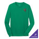 A green Port & Company long sleeve T-shirt with a red logo on the counter.