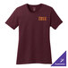 A maroon Port & Company t-shirt with orange text that says "T-Shirt"