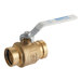 A brass Watts ball valve with a white handle.