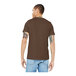 A man wearing a Bella + Canvas heather brown T-shirt and jeans.
