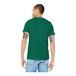 A man wearing a Bella + Canvas heather grass green customizable short sleeve t-shirt.