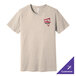 A heather tan Bella + Canvas t-shirt with a logo on it.