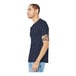 A man with a tattoo on his arm wearing a Bella + Canvas heather midnight navy t-shirt.