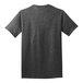 The back of a dark heather grey Port & Company T-shirt with a black logo.