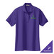 A white background with a purple Port Authority polo shirt with a green logo.