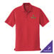 A Port Authority rich red polo shirt with a green logo.