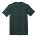 The back of a dark green Port & Company t-shirt with the word "back" on it.