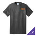 A Port & Company dark heather gray t-shirt with orange text.