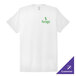 A white t-shirt with a green logo that includes a leaf and a fork.