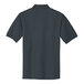 The back of a dark gray Port Authority silk touch pique polo shirt.