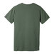 The back of a medium heather military green Bella + Canvas t-shirt with a white logo.