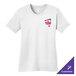 A white Port & Company women's short sleeve t-shirt with a red logo on it.