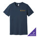 A heather navy Bella + Canvas t-shirt with a logo on it.