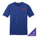 A deep royal blue District t-shirt with red and white text.