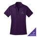 A bright purple Port Authority women's polo shirt with green text.