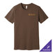 A medium heather brown Bella + Canvas t-shirt with a logo on it.