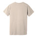 The back of a tan Bella + Canvas customizable T-shirt with a white logo.