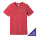 A red Bella + Canvas t-shirt with a green logo.