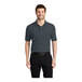 A man wearing a steel gray Port Authority silk touch polo shirt.