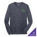 A heather navy long sleeve shirt with a green logo on it.