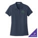 A river blue Port Authority women's polo shirt with a green logo.