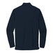 The back of a navy blue long sleeve Port Authority polo shirt.