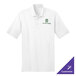 A white Port & Company polo shirt with green text.